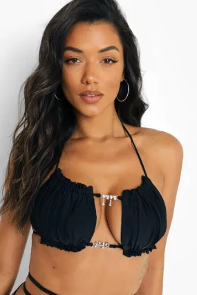 Ruched Diamante Detail Bandeau Bikini Top