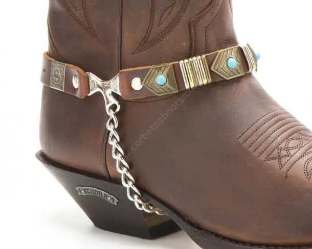 Sendra brown leather boot straps with antique gold mosaics and blue pearls