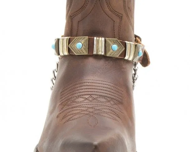 Sendra brown leather boot straps with antique gold mosaics and blue pearls