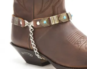 Sendra brown leather boot straps with antique gold mosaics and blue pearls