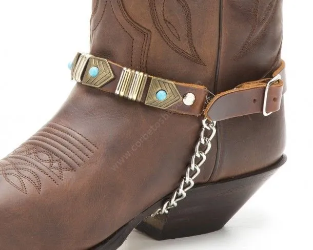 Sendra brown leather boot straps with antique gold mosaics and blue pearls