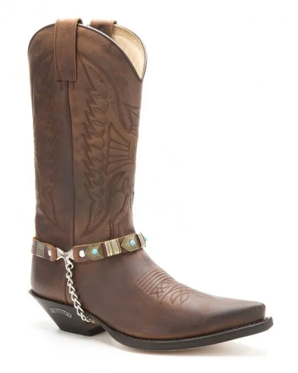 Sendra brown leather boot straps with antique gold mosaics and blue pearls