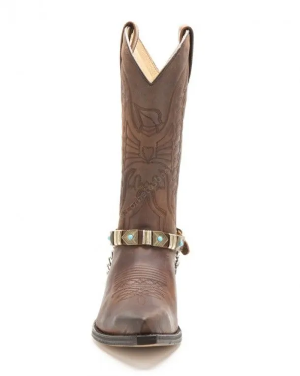 Sendra brown leather boot straps with antique gold mosaics and blue pearls