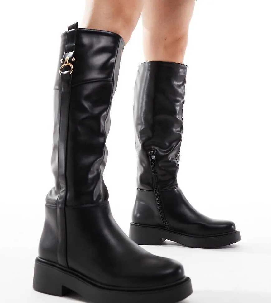 SEQWL Wide Fit knee high flat riding boot in black