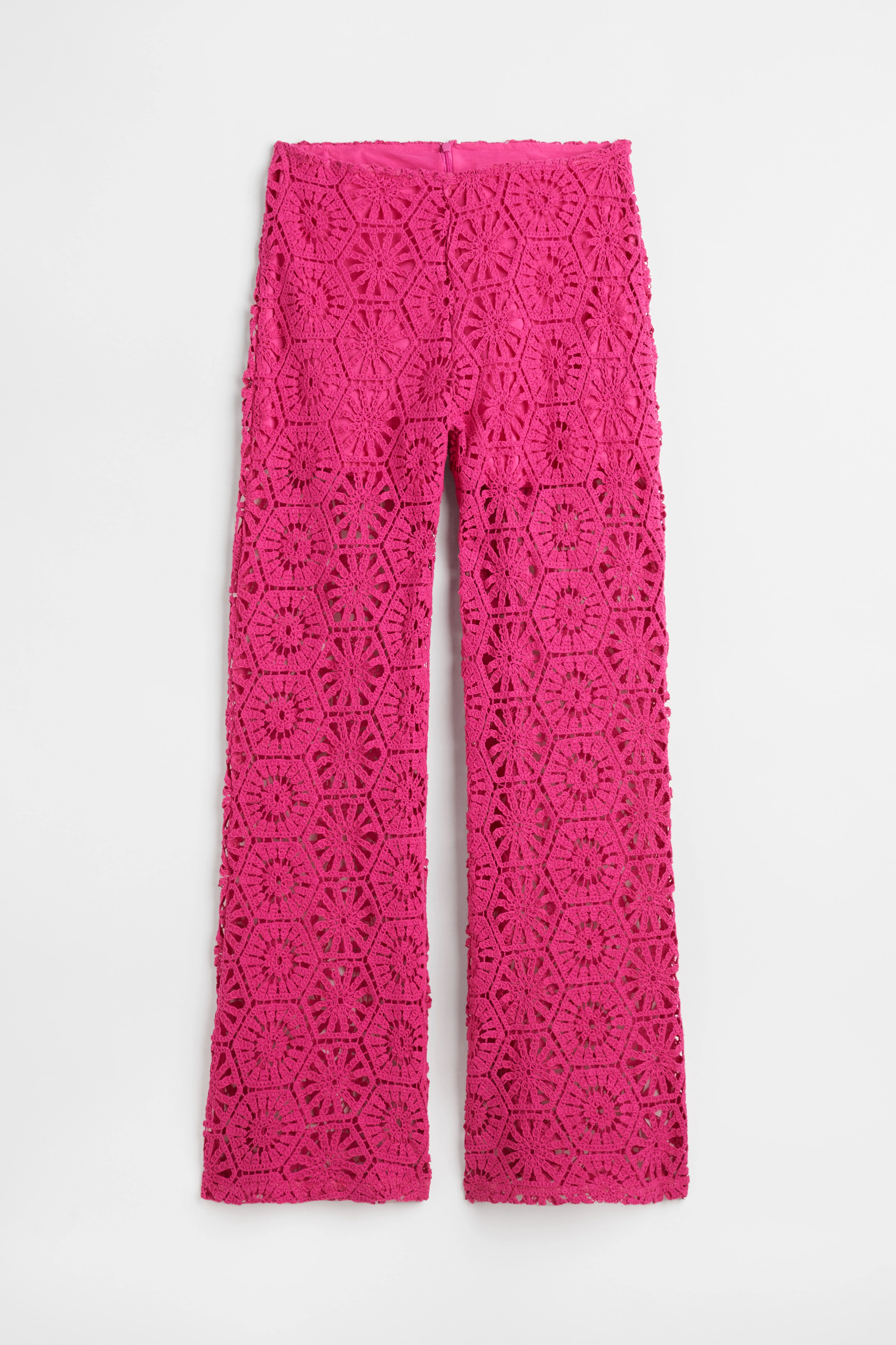 Straight crocheted-look trousers - Regular waist - Long - Bright pink - Ladies | H&M GB