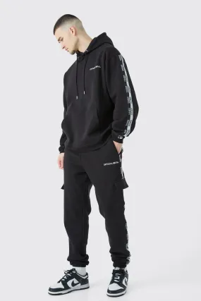 Tall Official Man Tape Cargo Hooded Tracksuit | boohooMAN UK