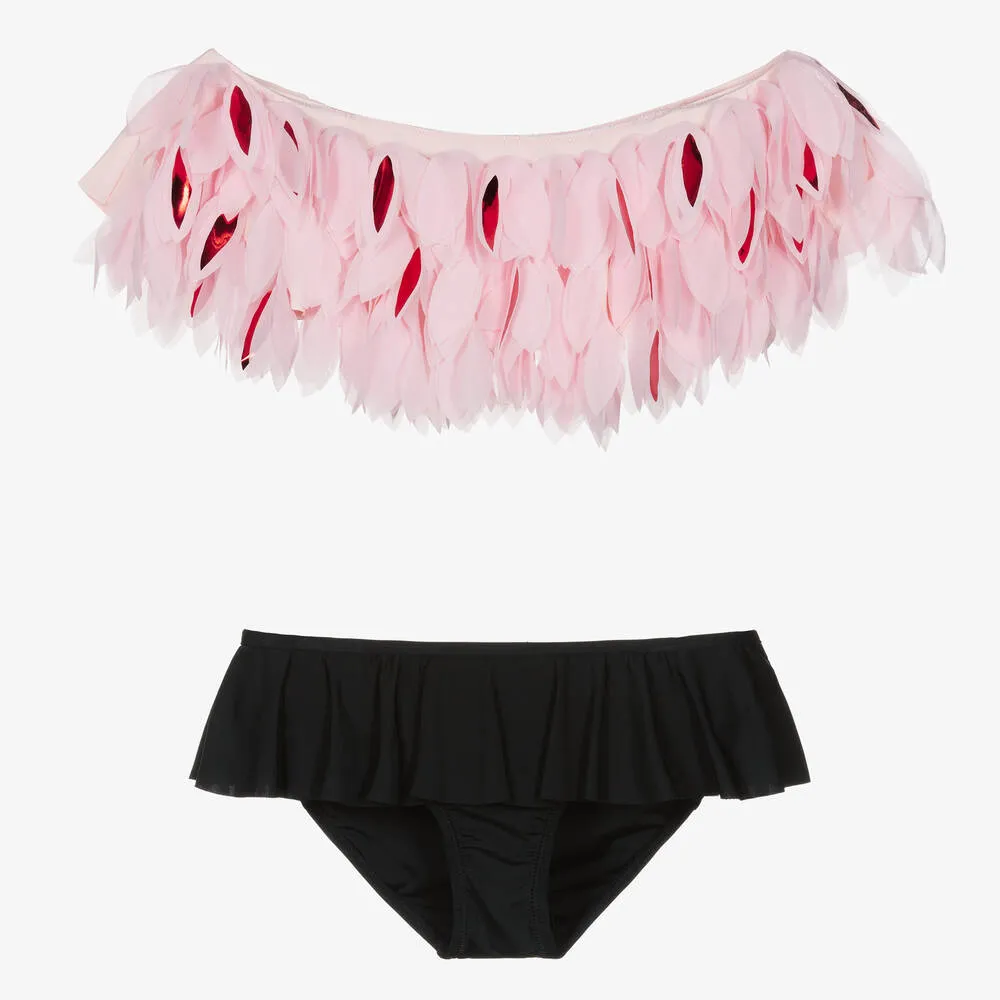 Teen Girls Pink & Black Petals Bikini