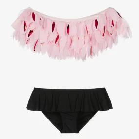 Teen Girls Pink & Black Petals Bikini