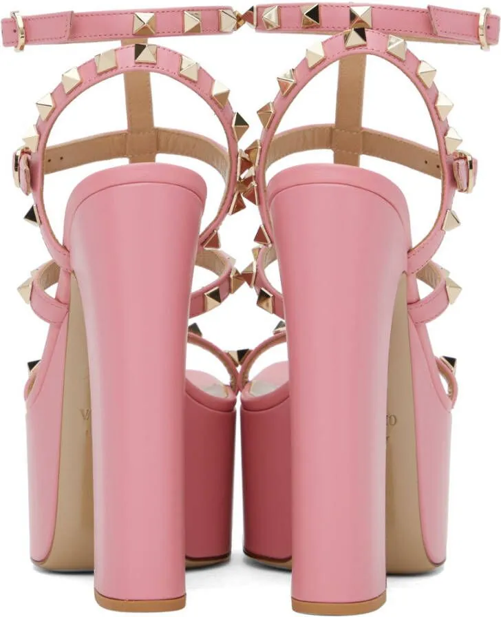 Valentino Garavani Pink Rockstud T-Strap Heeled Sandals