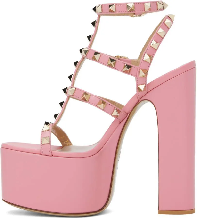 Valentino Garavani Pink Rockstud T-Strap Heeled Sandals