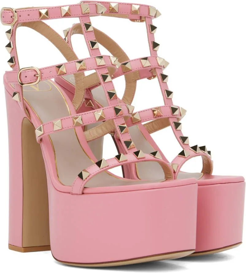 Valentino Garavani Pink Rockstud T-Strap Heeled Sandals