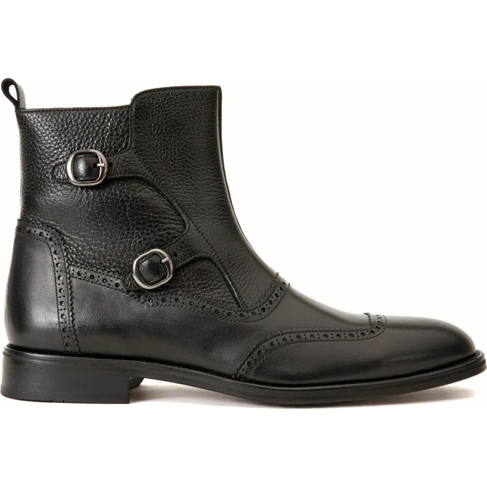 Vinci Leather The Rand Black Leather Double Buckle Brogue Boot With A Zipper (14560 S-2)