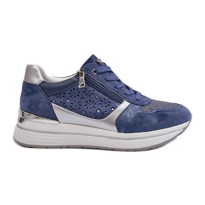 Women's Platform Sneakers With Openwork Pattern and Glitter INBLU IN000372 Blue