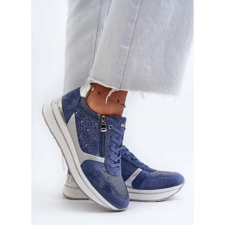 Women's Platform Sneakers With Openwork Pattern and Glitter INBLU IN000372 Blue