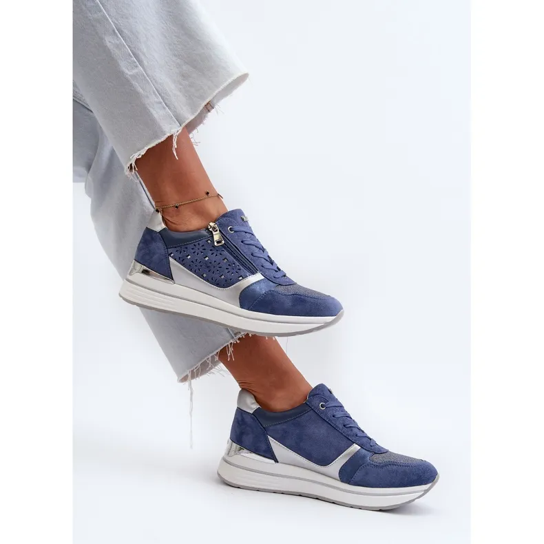 Women's Platform Sneakers With Openwork Pattern and Glitter INBLU IN000372 Blue