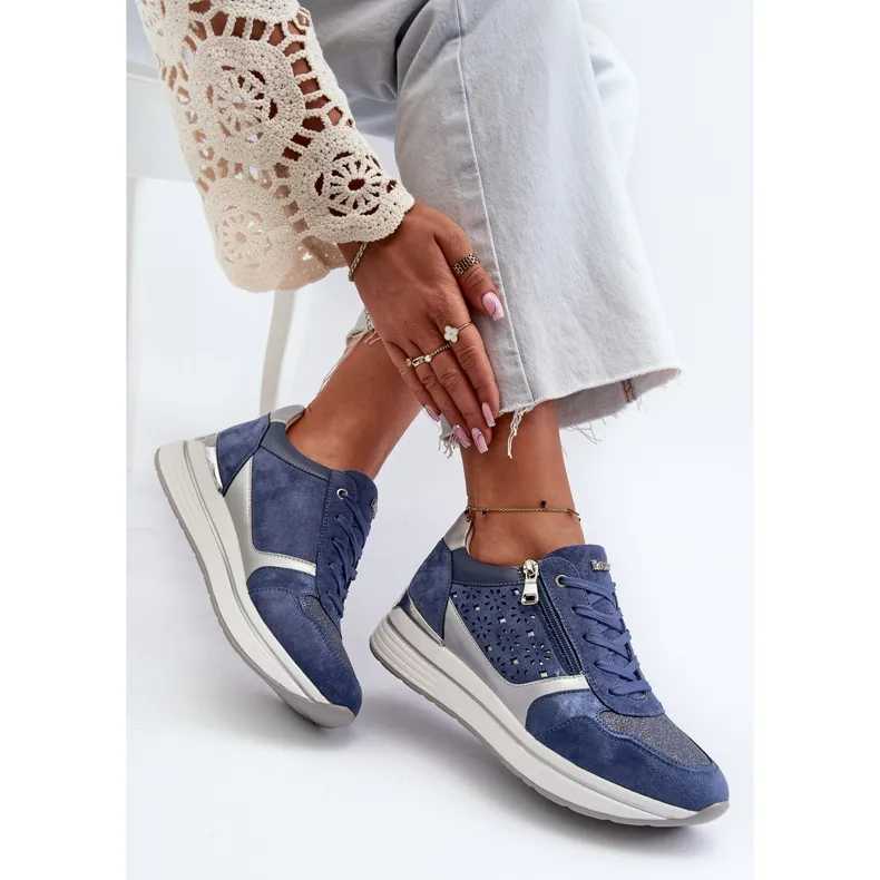 Women's Platform Sneakers With Openwork Pattern and Glitter INBLU IN000372 Blue