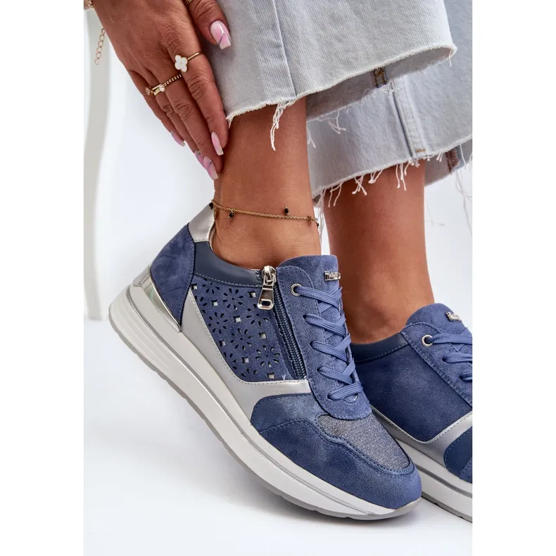 Women's Platform Sneakers With Openwork Pattern and Glitter INBLU IN000372 Blue