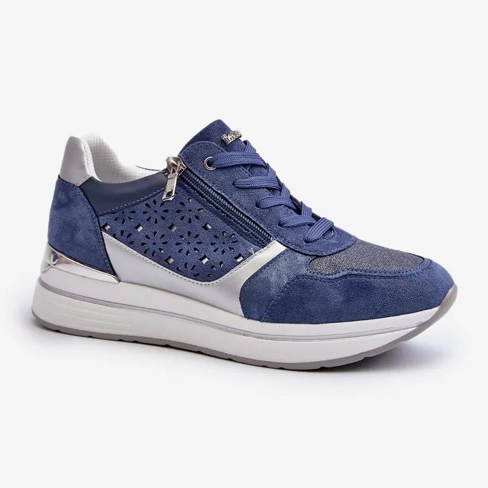 Women's Platform Sneakers With Openwork Pattern and Glitter INBLU IN000372 Blue