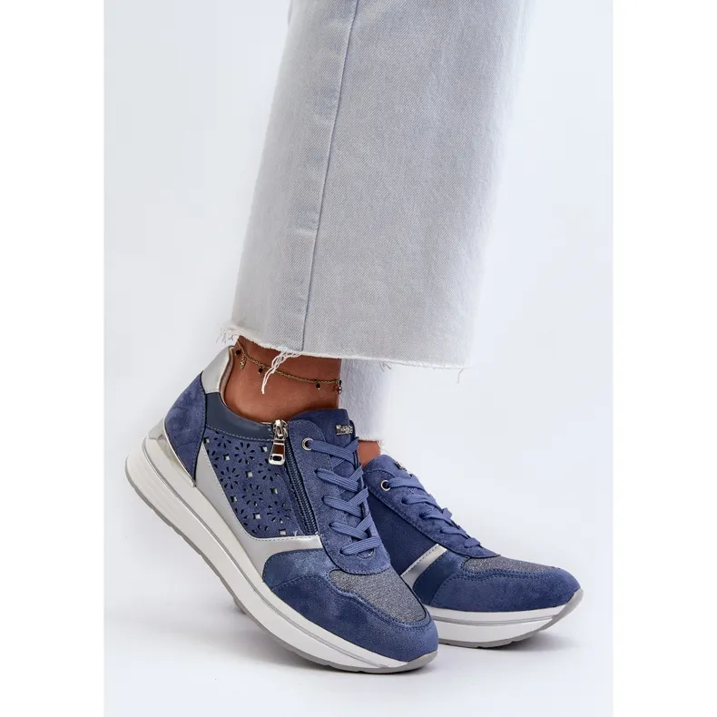 Women's Platform Sneakers With Openwork Pattern and Glitter INBLU IN000372 Blue