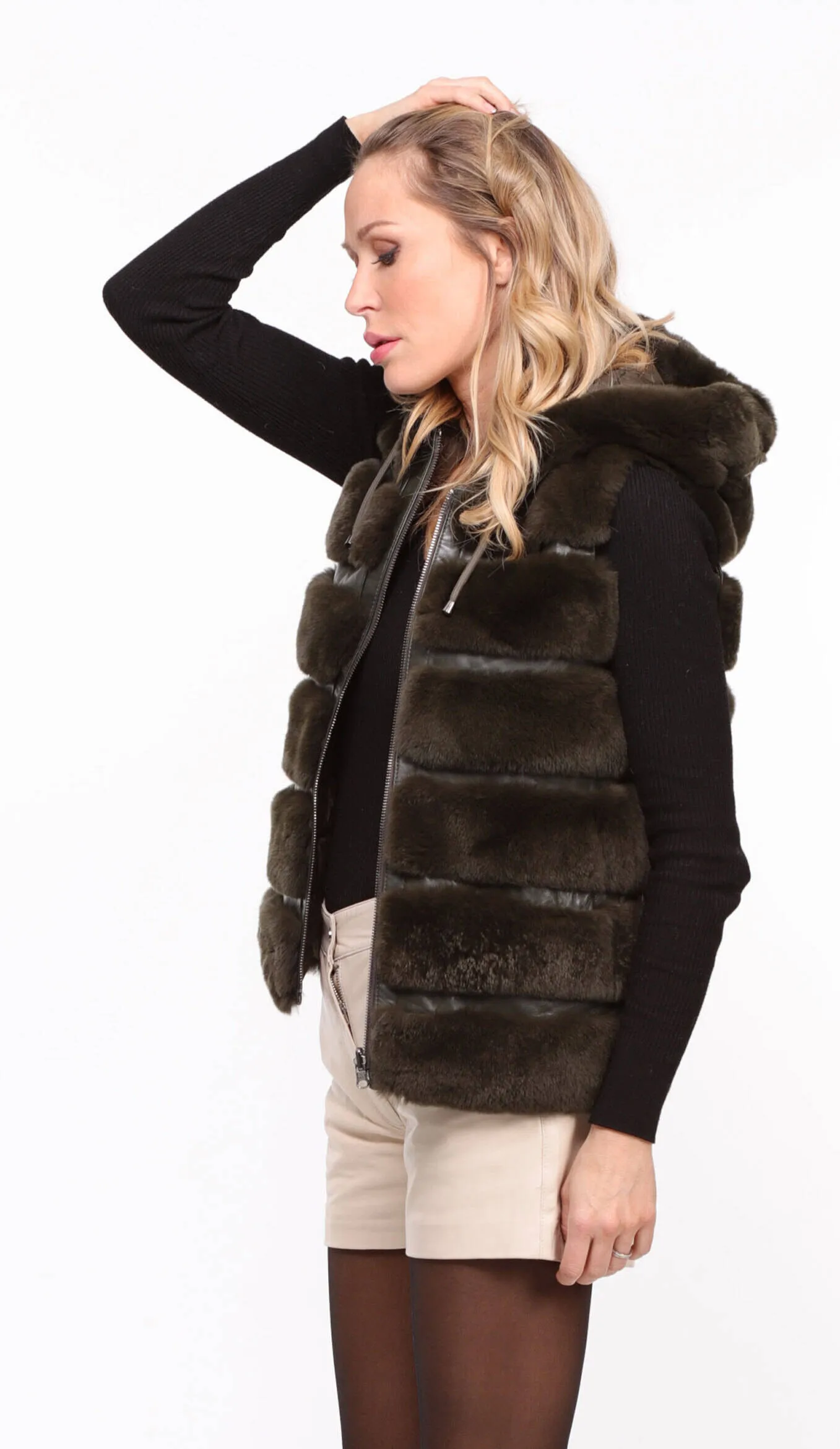 Women's khaki \rexe\ reversible hooded rabbit vest