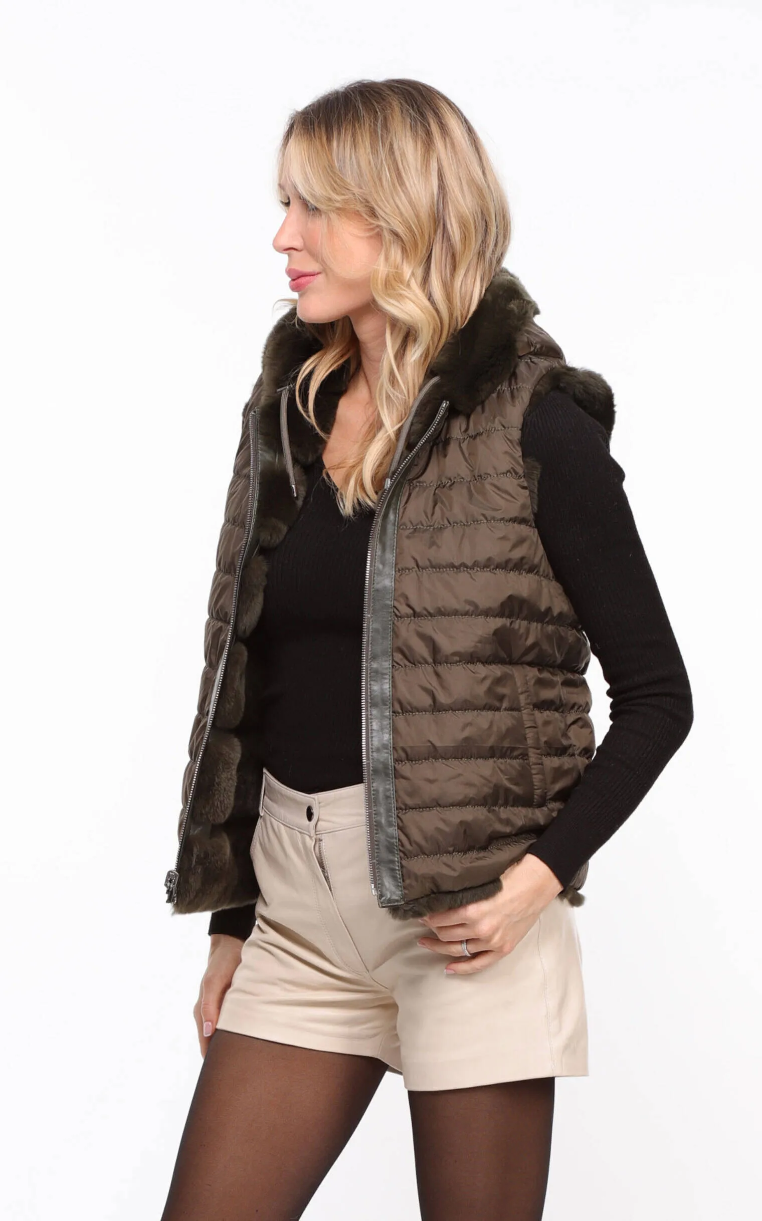 Women's khaki \rexe\ reversible hooded rabbit vest