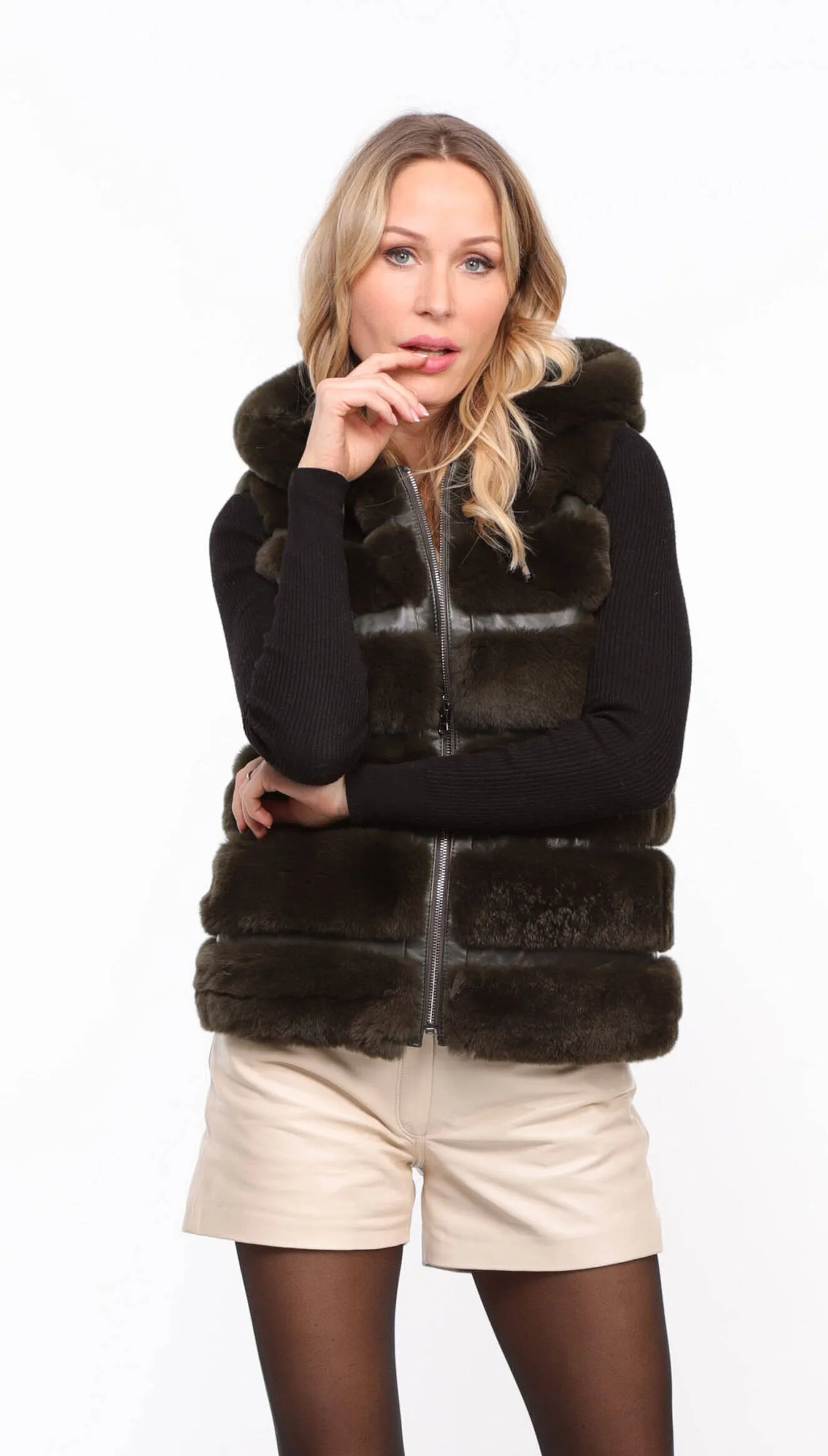 Women's khaki \rexe\ reversible hooded rabbit vest